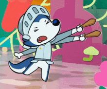 a cartoon drawing of a wolf wearing a knight 's armor and holding two swords