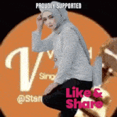 a woman wearing a hijab is sitting in front of a logo that says proudly supported like & share .