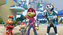 a group of cartoon characters are standing in front of a building