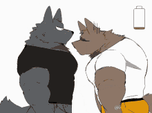 a cartoon drawing of two wolves hugging each other with a green battery in the background
