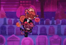 a cartoon character holding a sword and a bucket of candy