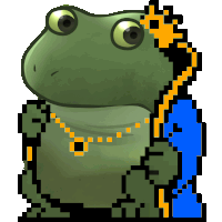 a pixel art frog with a gold necklace and a blue cape