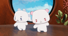 two cartoon bears are standing next to each other and one is sad