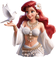 a princess with red hair is holding a white bird in her hand