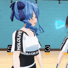 a girl with blue hair is wearing a shirt that says hololive