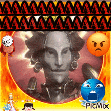 a picture of a statue of a man is surrounded by angry faces and a picmix watermark