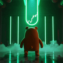 a teddy bear is standing in front of a neon sign that says ' u ' on it