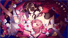 a couple of anime girls laying on top of each other with chinese writing in the corner