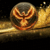 a coin with a phoenix on it is surrounded by gold sparkles