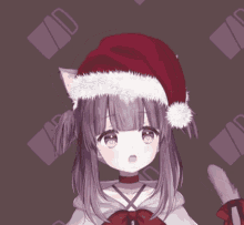 a girl with purple hair and a santa hat
