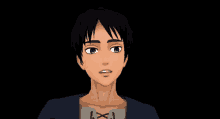 a boy with blue eyes is wearing a blue shirt that says ' a ' on it