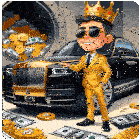 a man wearing a crown stands in front of a rolls royce car