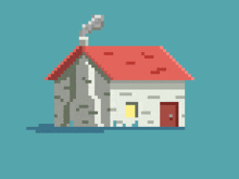 a pixel art house with a red roof and a yellow door