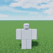 a white roblox character with a smiley face is standing in a grassy field