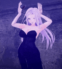 a girl with purple hair and a black dress holds a ball in her hands