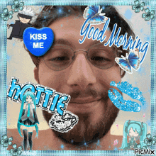 a picture of a man with a blue heart that says kiss me