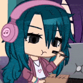 a girl with blue hair is wearing headphones and writing