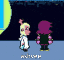 two cartoon characters are standing next to each other and the word ashvee is on the bottom of the image .