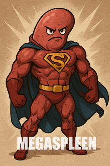 a cartoon drawing of a superhero named megasplen
