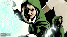a poster for marvel comics shows a woman in a green hooded cape