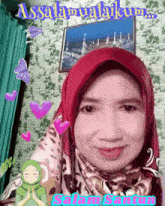 a woman wearing a red scarf and a green hijab says " assalamualaikum " on the bottom