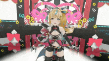 a girl with blonde hair is standing on a stage in front of a stage with hearts and stars .