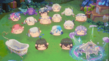 a bunch of cartoon characters are laying in the grass