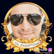 a picture of a man wearing sunglasses with the words the musical island at the bottom