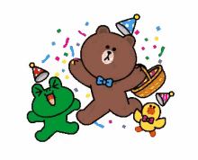 a brown bear , a green frog and a yellow duck are celebrating a birthday .