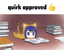 a cat laying on the floor reading a book with the words quirk approved below it