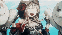a girl in a red hood is laughing with two teddy bears