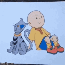 a cartoon of caillou sitting next to a cat with a blue eye