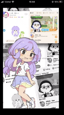a girl with purple hair is on a cell phone screen