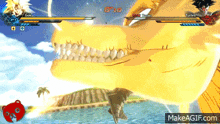 a screenshot of a video game shows goku and trunks fighting a monster
