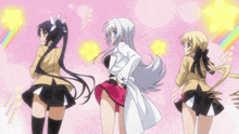 three anime girls are standing next to each other with rainbows in the background