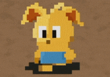 a pixel art drawing of a cartoon character with a blue shirt on