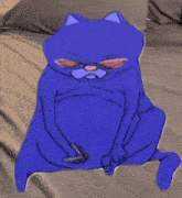 a blue cat is sitting on a bed with a knife in its hand