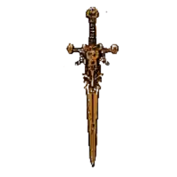 a drawing of a sword with a skull on the handle on a white background