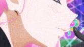 a close up of a pink haired anime character