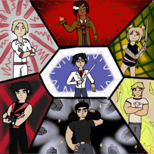 a group of cartoon characters including a man with a sword in his hand