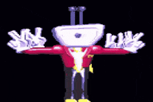 a pixel art of a cartoon character with white gloves and a purple object in the background .