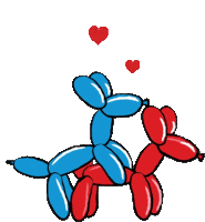 a blue and red balloon dog with hearts behind them