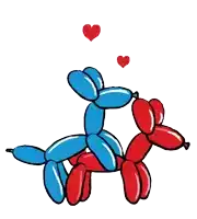 a blue and red balloon dog with hearts behind them