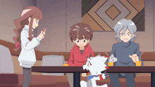 a group of cartoon characters are sitting at a table with drinks in their hands