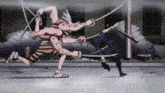 a cartoon character is fighting another character with swords .
