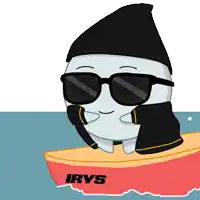 a cartoon character wearing sunglasses and a black hat is sitting on a red boat with the name irys on it