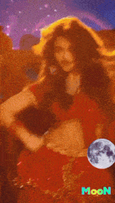 a blurry picture of a woman with the word moon in blue
