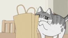 a cartoon cat is licking a brown bag