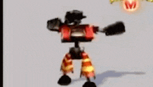 a cartoon character is standing on a snowy surface holding a red flag .