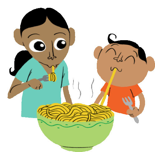 Boy And Girl Sharing Noodles Sticker - Modern Parivar Noodles Eating Stickers